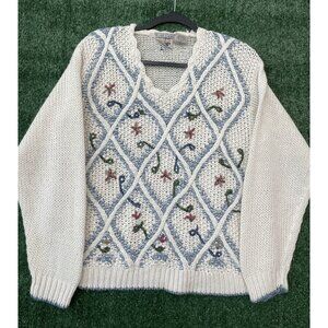 Vintage Huntington Ridge Sweater Hand Knitted Cream Floral V-neck Granny Sz M